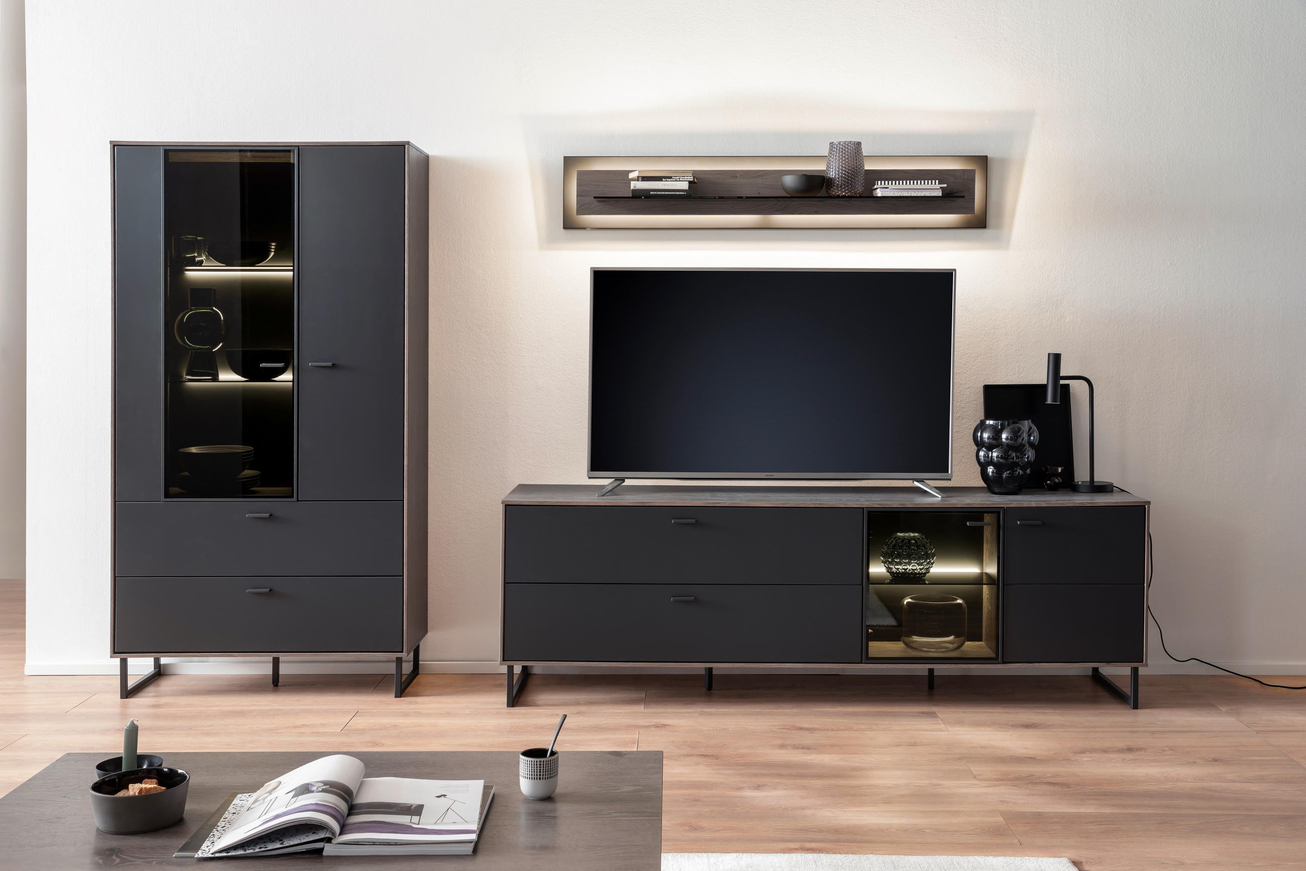 WANDBOARD Eiche furniert Schwarz, Eichefarben  - Eichefarben/Schwarz, Design, Glas/Holz (150/26/23cm) - MID.YOU