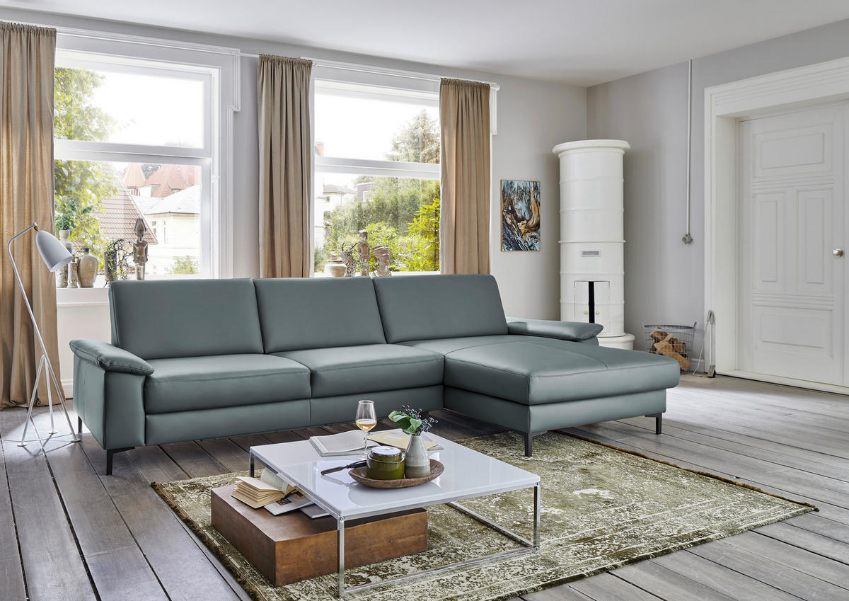 ECKSOFA in Echtleder Blaugrau  - Blaugrau/Schwarz, Design, Leder/Metall (334/176cm) - Dieter Knoll