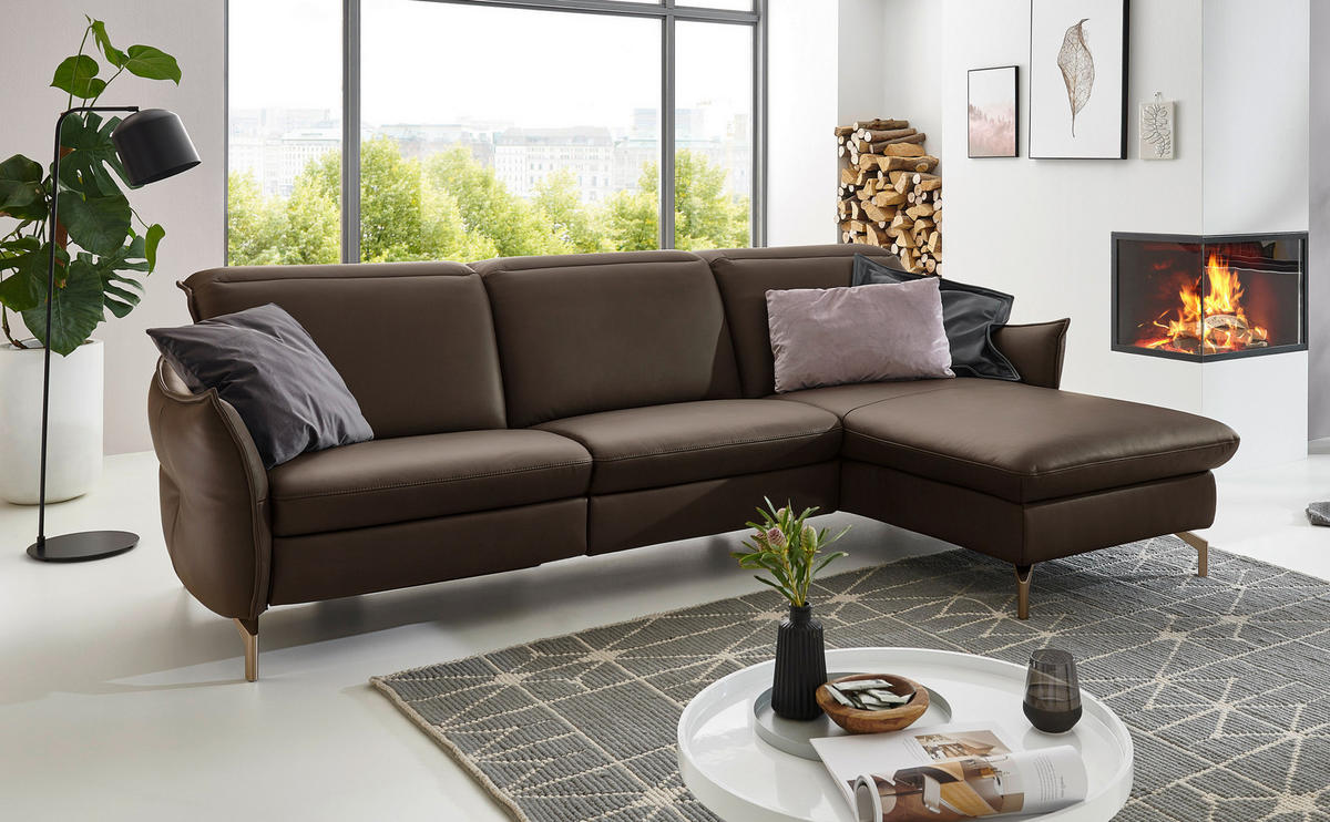 ECKSOFA in Lederlook (vegan) Dunkelbraun  263/179 cm  - Dunkelbraun/Nickelfarben, MODERN, Textil/Metall (263/179cm) - Livetastic