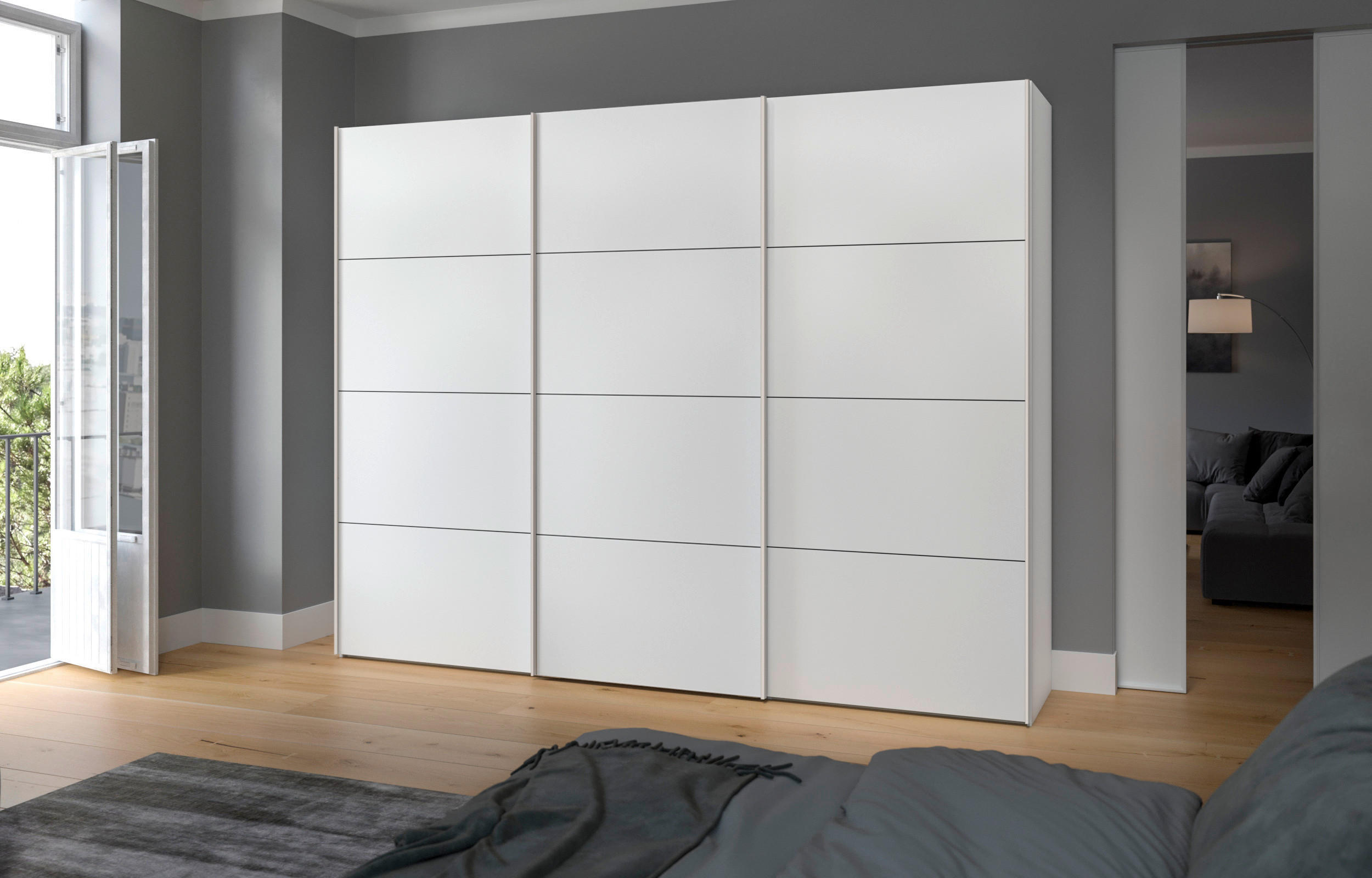 SCHWEBETÜRENSCHRANK 303/236/65 cm 3-türig Weiß  - Edelstahlfarben/Weiß, Design, Holzwerkstoff (303/236/65cm) - Boxxx