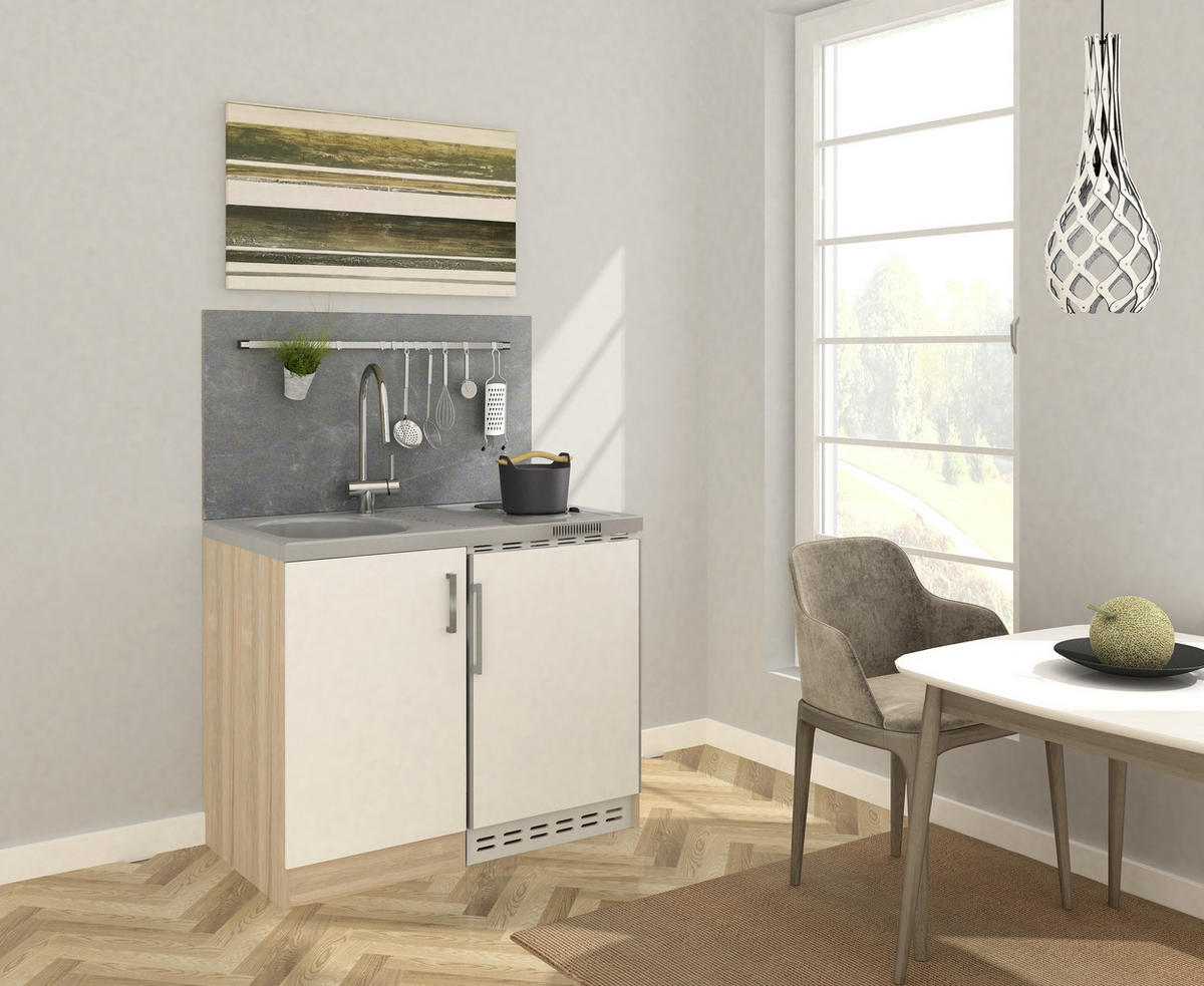 MINIKÜCHE 100 cm   in Weiß, Sonoma Eiche  - Edelstahlfarben/Weiß, MODERN, Holzwerkstoff/Kunststoff (100cm) - Respekta