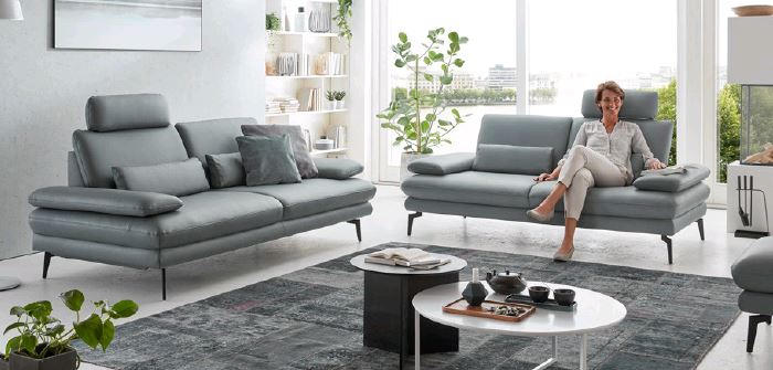 2,5-SITZER Echtleder Grau  - Schwarz/Grau, Design, Leder/Metall (196/86/104cm) - Dieter Knoll