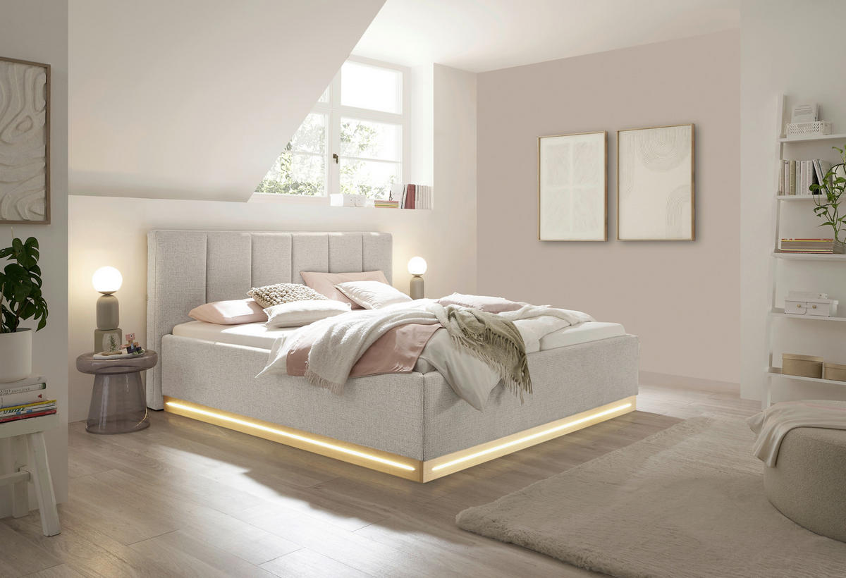 POLSTERBETT 180/200 cm,  in Beige, Beleuchtung, Bettkasten, Lattenroste,  - Eichefarben/Beige, KONVENTIONELL, Holz/Holzwerkstoff (180/200cm) - SetOne by Musterring