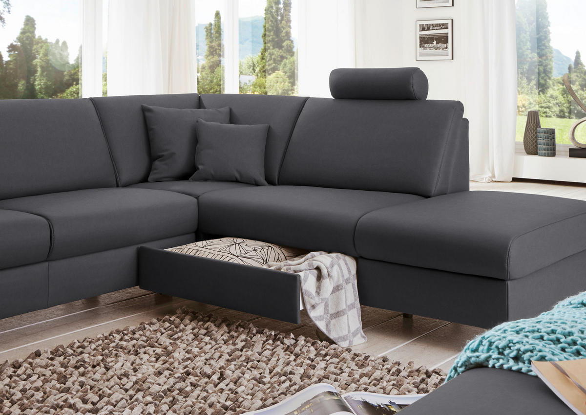 WOHNLANDSCHAFT in Echtleder Anthrazit  - Anthrazit/Alufarben, Design, Leder/Metall (165/339/233cm) - Beldomo Premium