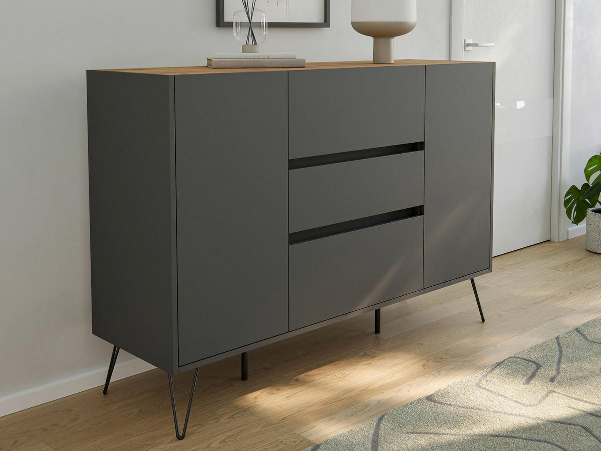 SIDEBOARD Posseik Industrial 140/93,6/42 cm 3 Schublade(n)  - Eichefarben/Graphitfarben, Design, Holzwerkstoff/Metall (140/93,6/42cm) - P & B