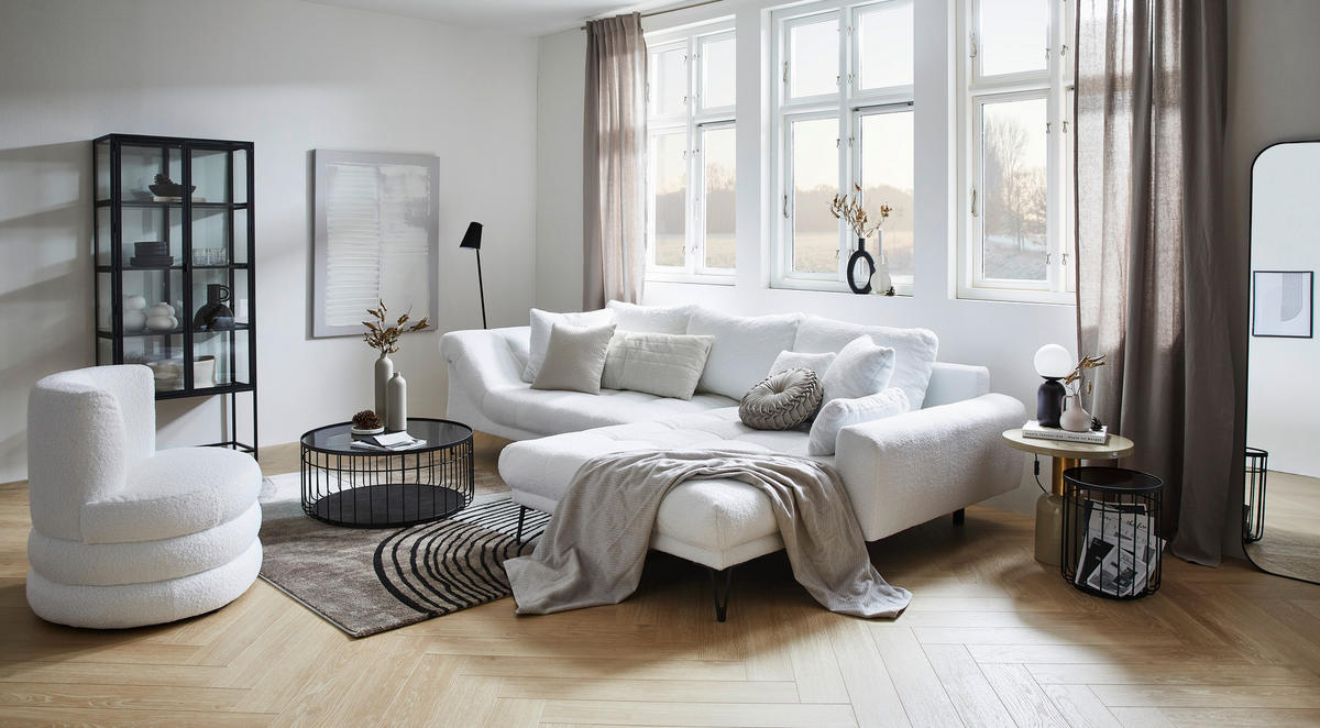 DESIGNSESSEL in Flachgewebe, Teddystoff Weiss  - Weiss/Edelstahlfarben, Trend, Textil/Metall (90/82/85cm) - Livetastic