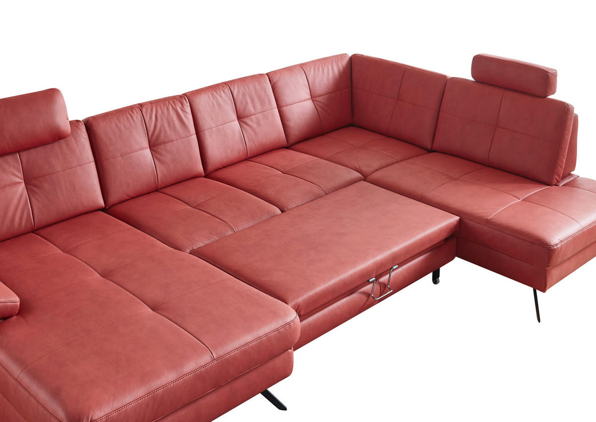 WOHNLANDSCHAFT in Lederlook, Mikrofaser Rot  - Rot/Schwarz, Design, Textil/Metall (179/345/220cm) - Beldomo System