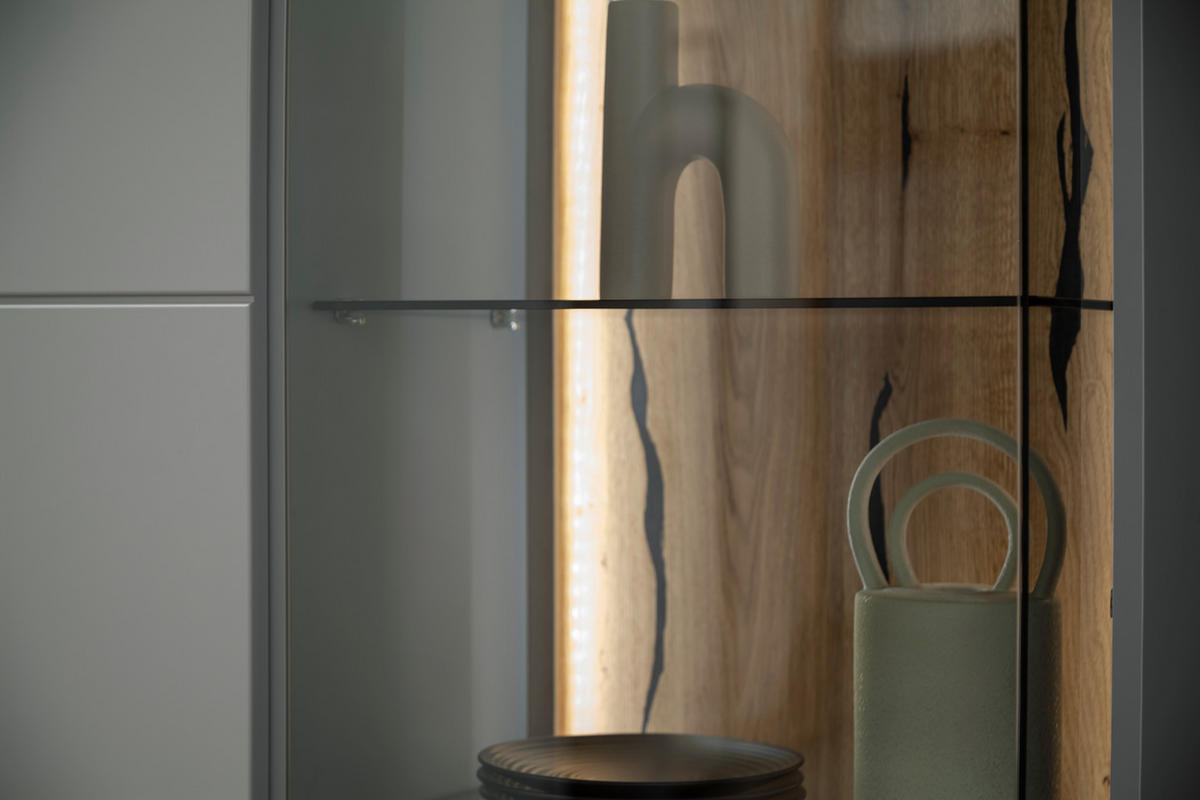 VITRIN furnérozott szürke, tölgyfa  - fekete/tölgyfa, Design, műanyag/faalapú anyag (80/207/38cm) - MID.YOU