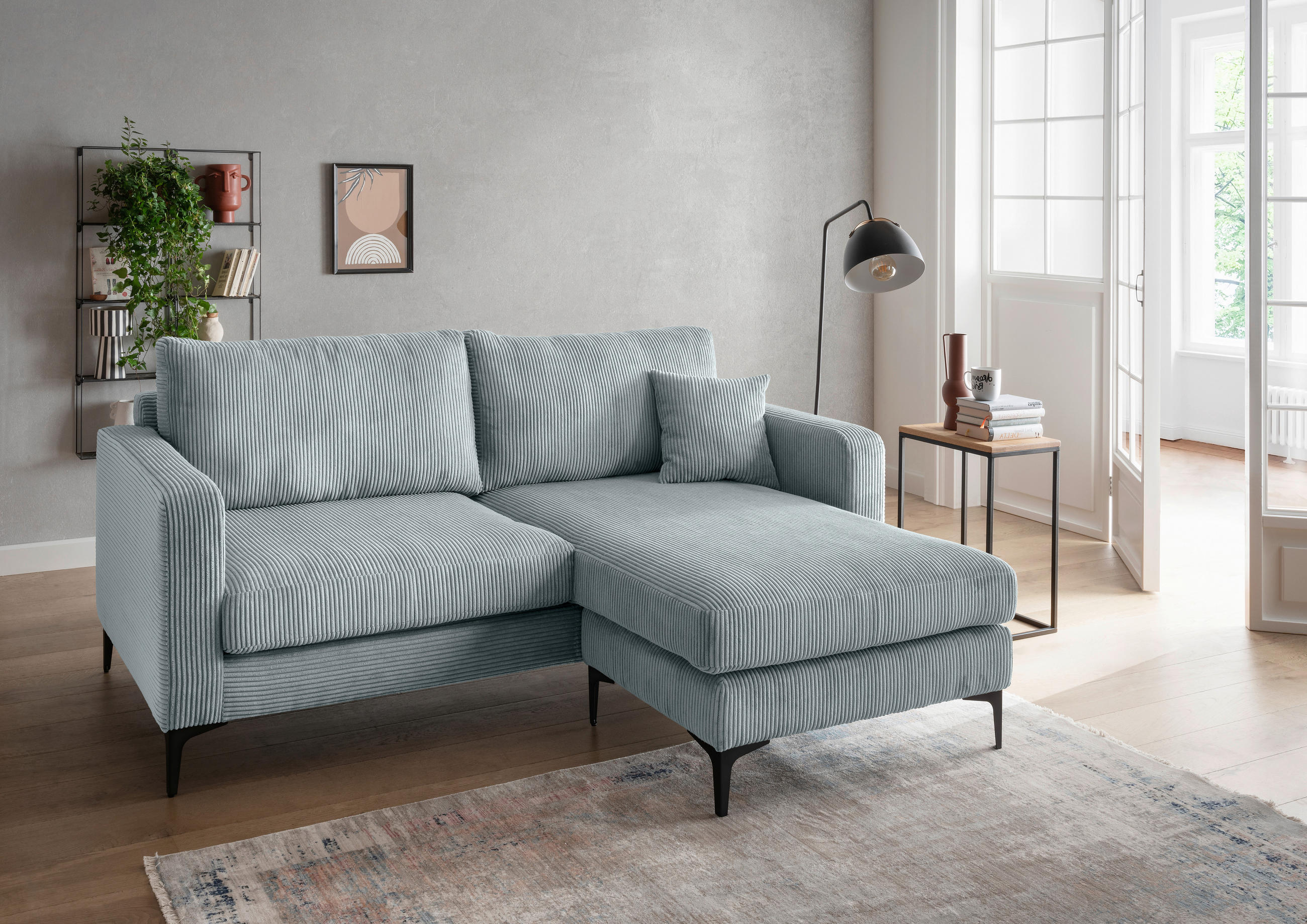 ECKSOFA in Cord Hellblau  - Schwarz/Hellblau, Basics, Textil/Metall (204/153cm) - Livetastic