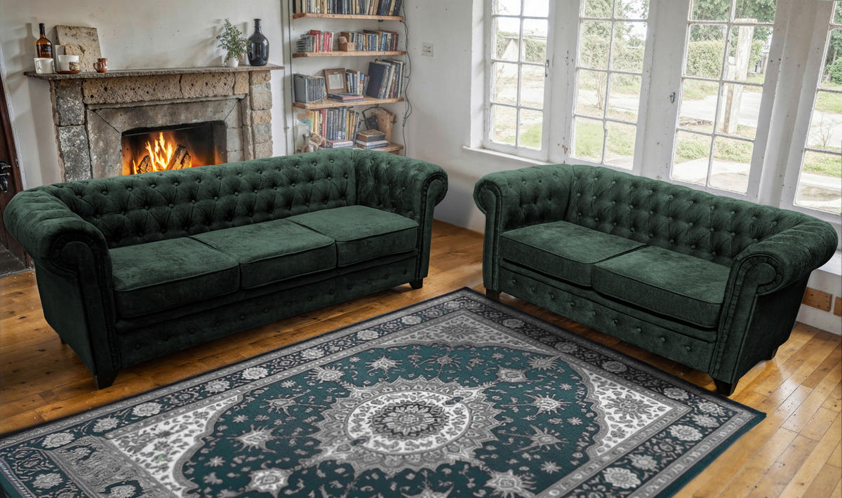 CHESTERFIELD-SOFA CHESTERFIELD in Flachgewebe Dunkelgrün  - Dunkelgrün/Schwarz, KONVENTIONELL, Holz/Holzwerkstoff (225/72/92cm) - Livetastic