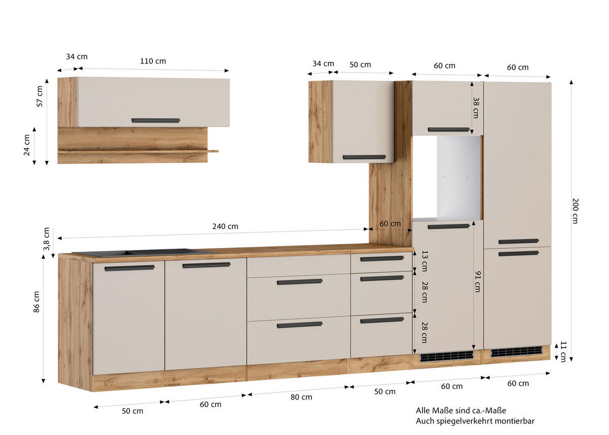 KÜCHENLEERBLOCK Aveiro 360 cm  in Kaschmir, Eiche Wotan  - Kaschmir/Eiche Wotan, Trend, Holzwerkstoff/Metall (360cm) - Held