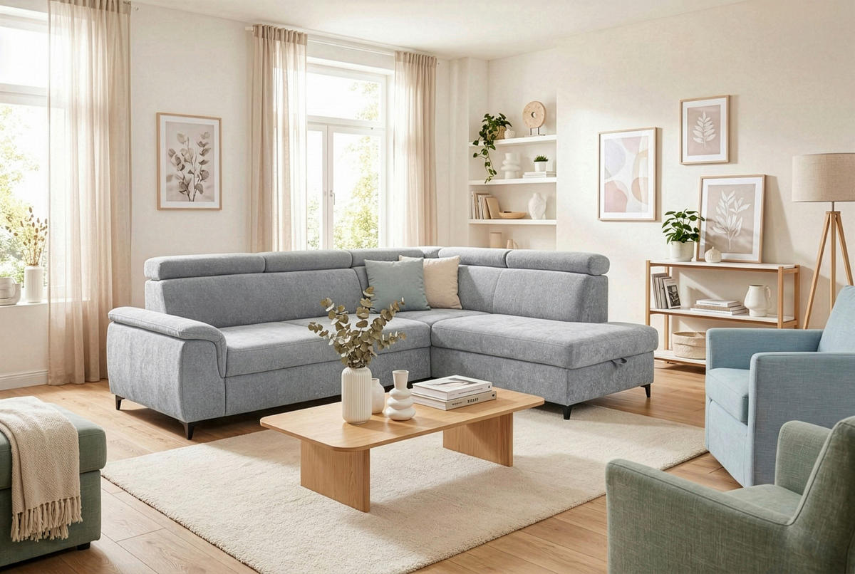 ECKSOFA Silberfarben Chenille Bettkasten, Schlaffunktion, Rücken echt, Kopfteilverstellung, Liegefläche im Originalstoff  - Silberfarben/Schwarz, KONVENTIONELL, Textil/Metall (265/206cm) - Carryhome