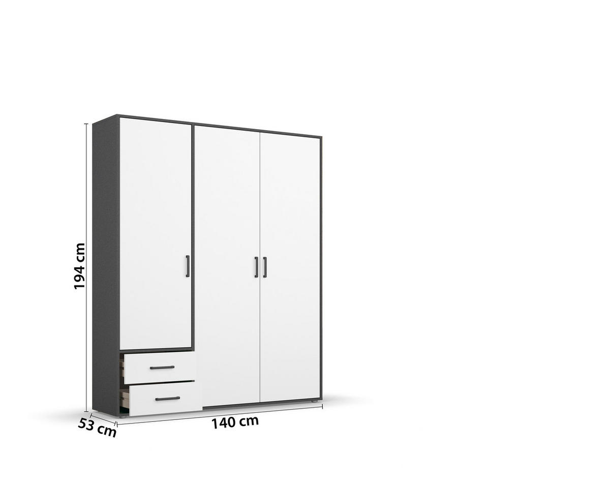 DREHTÜRENSCHRANK 140/194/53 cm 3-türig Grau, Weiß  - Weiß/Grau, MODERN, Holzwerkstoff/Kunststoff (140/194/53cm) - Rauch Möbel