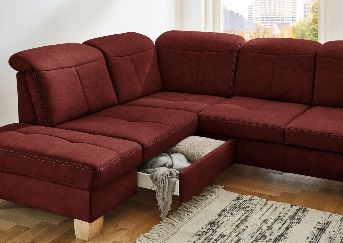 WOHNLANDSCHAFT Hellrot Mikrofaser  - Wildeiche/Hellrot, KONVENTIONELL, Holz/Textil (243/343/185cm) - Voleo