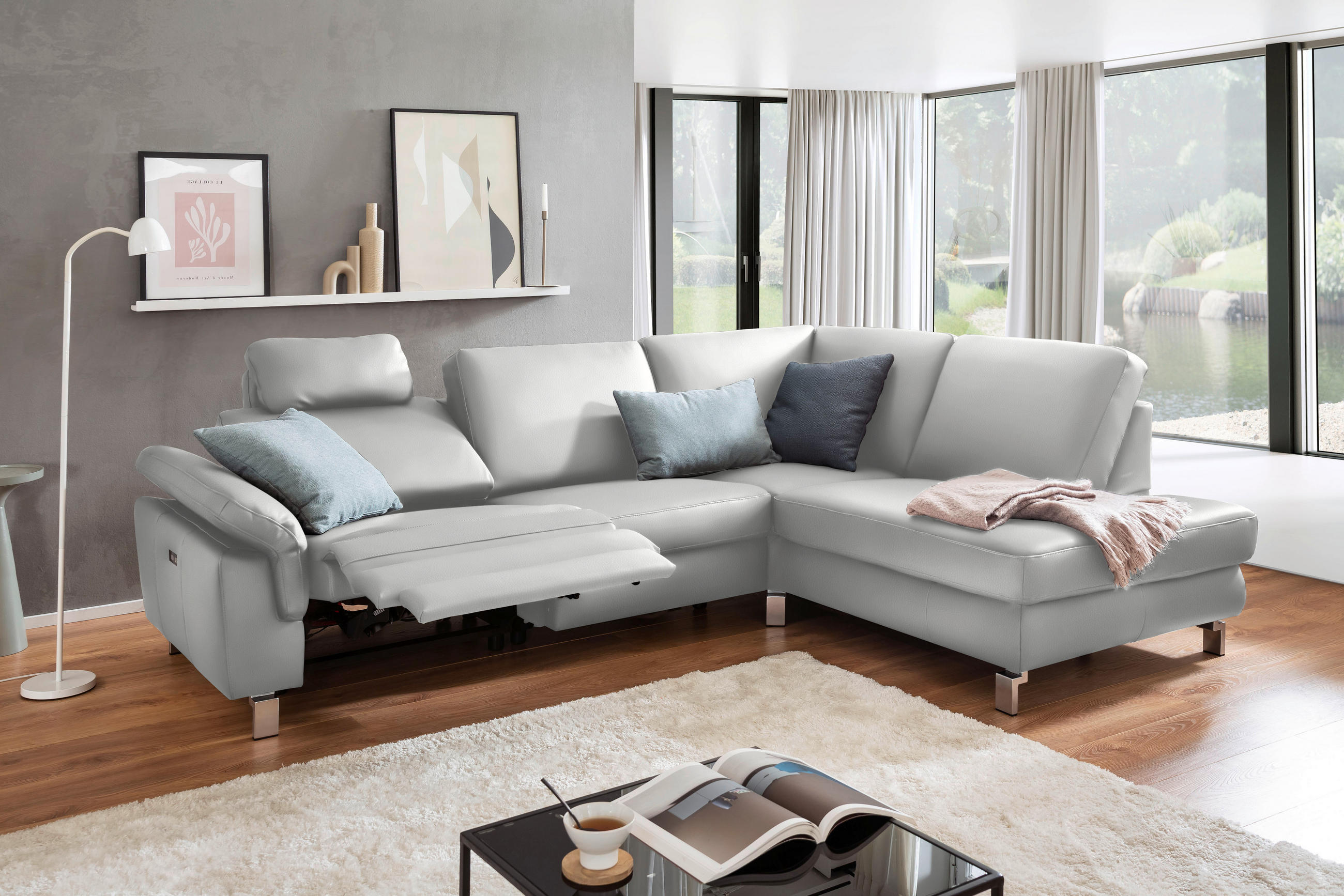 ECKSOFA in Echtleder Hellgrau  - Chromfarben/Hellgrau, Design, Leder/Metall (271/200cm) - Pure Home Lifestyle