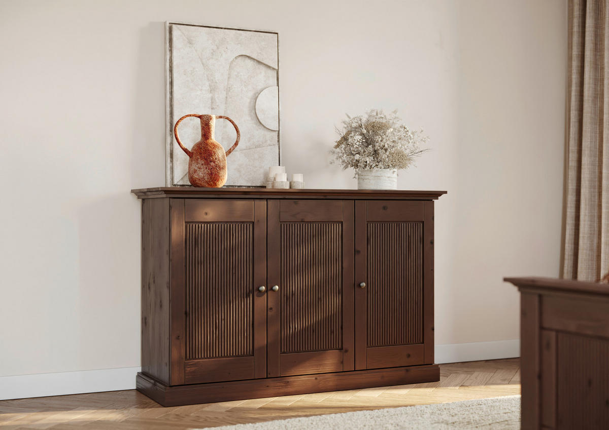 KOMMODE , 142/91/45 cm, 3 Schublade(n)  - Dunkelbraun/Silberfarben, KONVENTIONELL, Holz/Metall (142/91/45cm) - Linea Natura