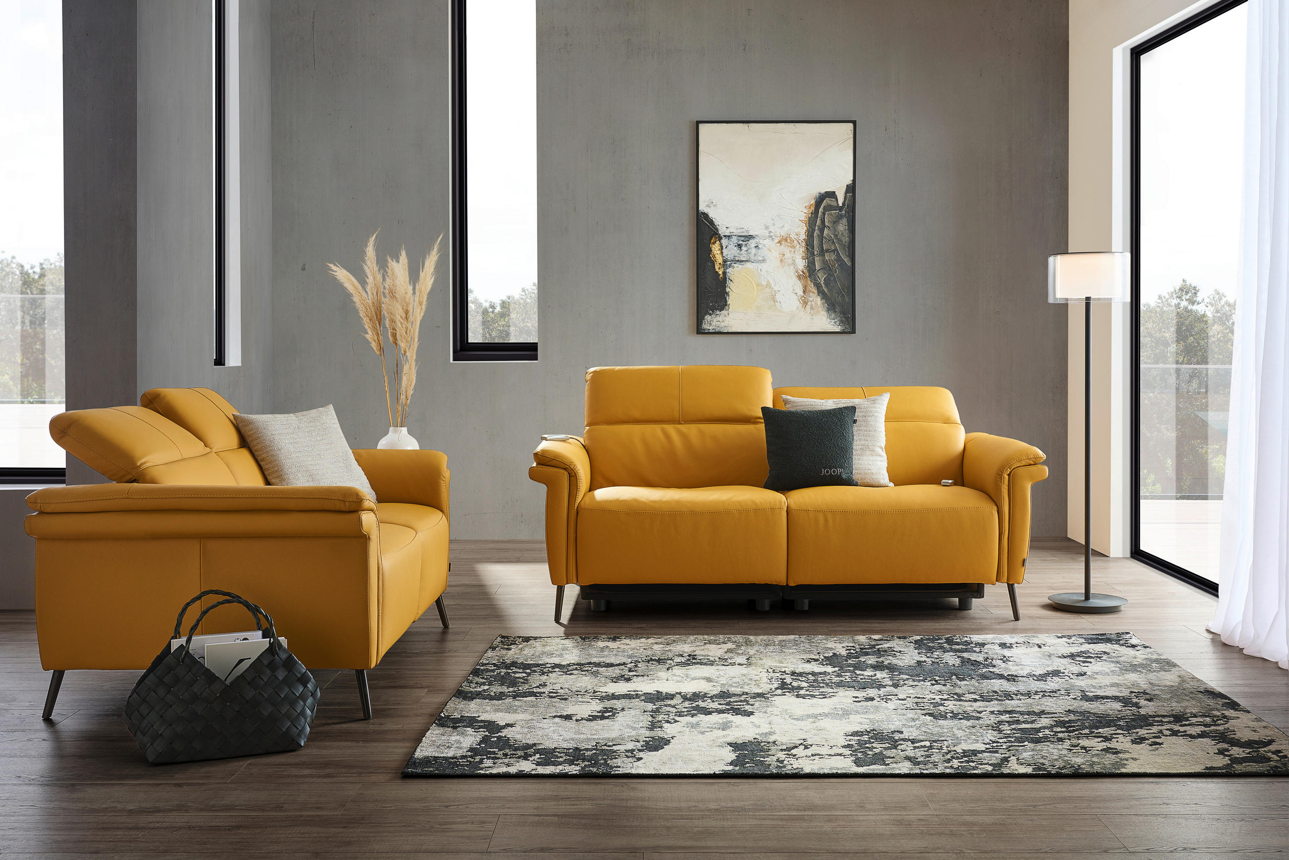 Thumbnail - Belluti 3-Sitzer-Sofa, Currygelb, Leder, Echtleder, Dickleder, 210x79x104 cm, Lederauswahl, Stoffauswahl, Hocker erhältl...