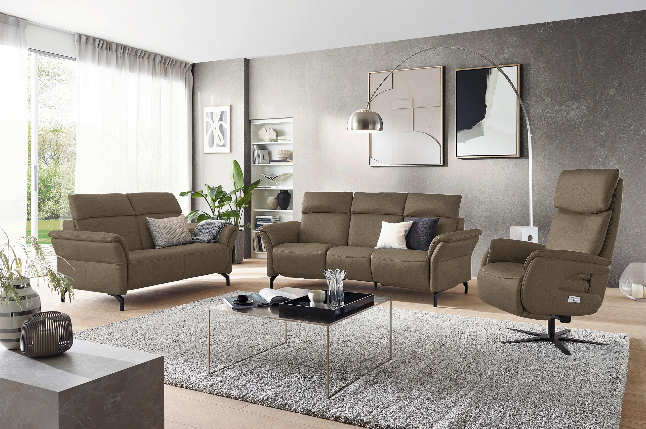 TRAPEZSOFA Echtleder Dunkelbraun  - Dunkelbraun/Schwarz, KONVENTIONELL, Leder/Metall (221/103/95cm) - Dieter Knoll
