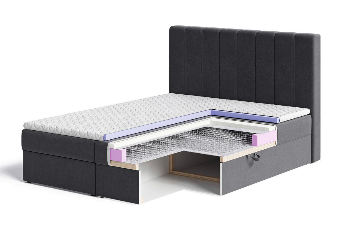 BOXBETT 140/200 cm,  in Silberfarben, Bettkasten, Topper, H2 + H3 = mittel + fest  - Silberfarben/Schwarz, MODERN, Holz/Kunststoff (140/200cm) - MID.YOU