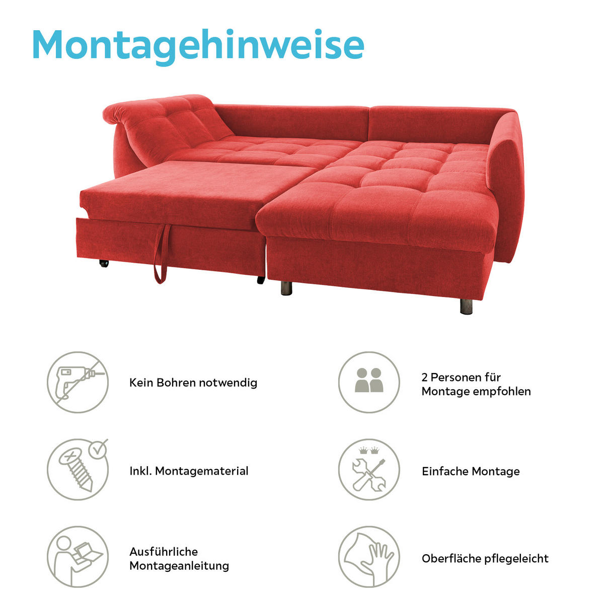 ECKSOFA Rot Mikrofaser  - Chromfarben/Rot, Design, Kunststoff/Textil (250/190cm) - Livetastic