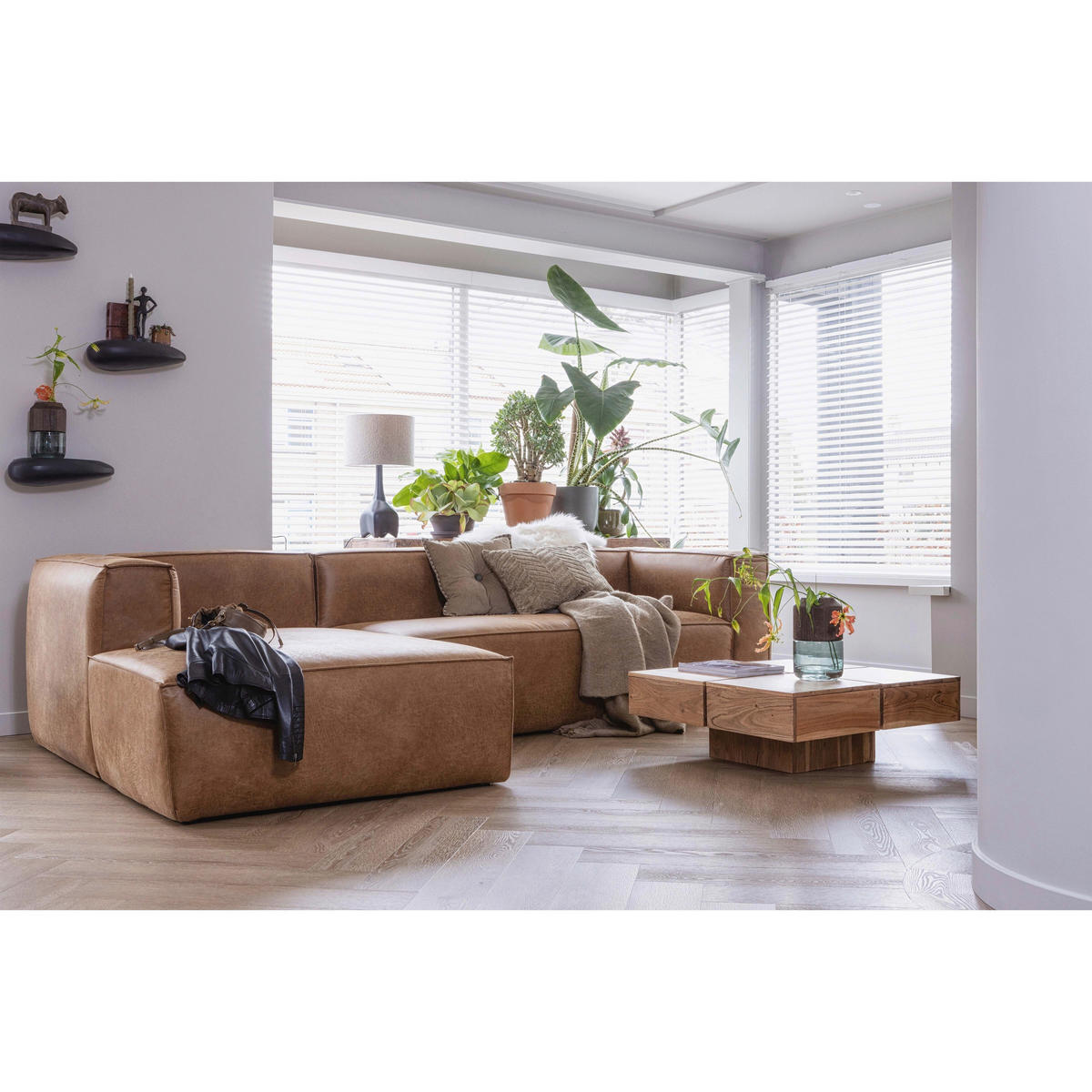 ECKSOFA Bean Cognac Kombination Echtleder/Stoff Lederlook  - Cognac/Schwarz, Design, Leder/Kunststoff (175/305cm) - Livetastic