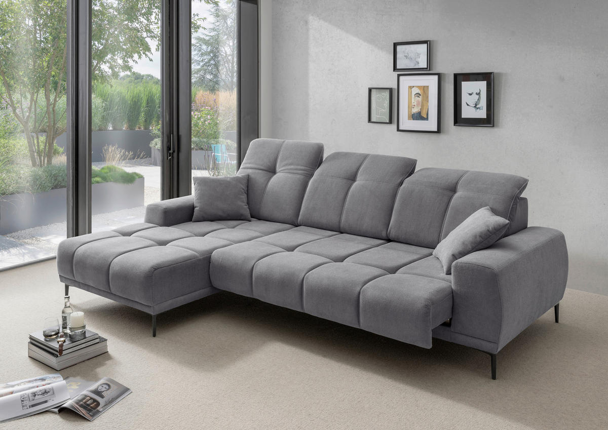ECKSOFA NESTO Dunkelgrau Chenille Zierkissen, Kopfteilverstellung, Sitztiefenverstellung  - Dunkelgrau/Schwarz, Basics, Textil/Metall (187/292cm) - Livetastic