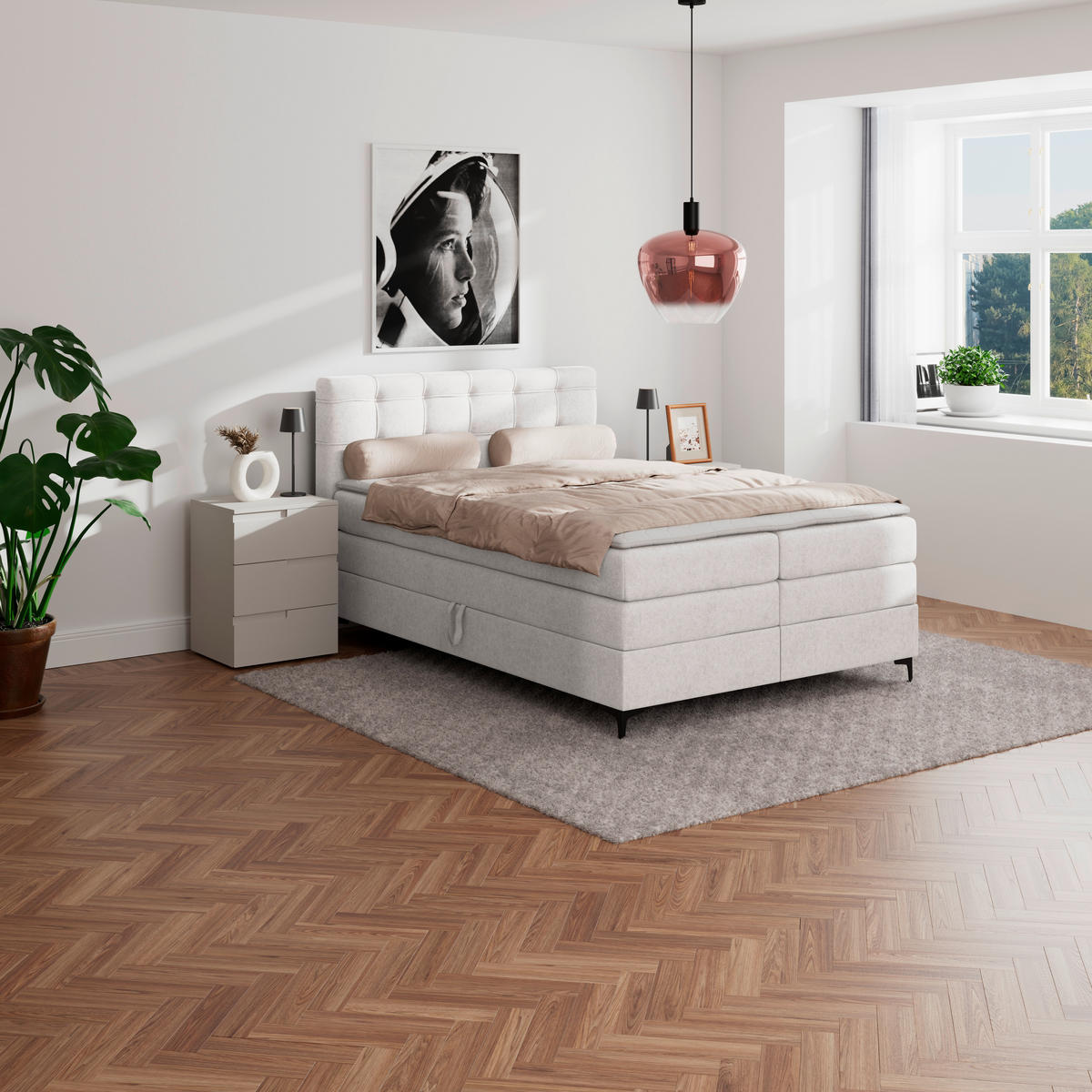 BOXSPRINGBETT 140/200 cm,  in Champagner, H3 = fest  - Champagner/Schwarz, KONVENTIONELL, Kunststoff/Textil (140/200cm)