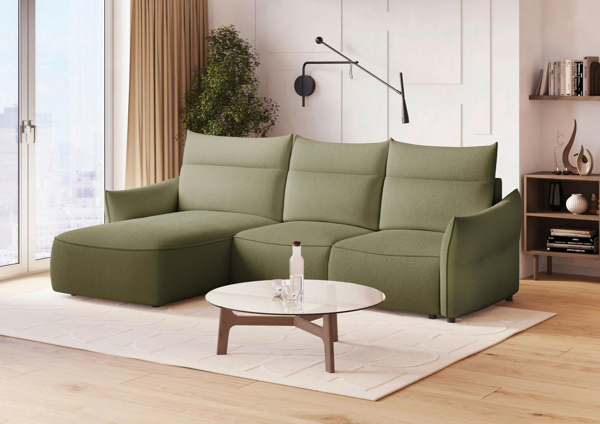 ECKSOFA Olivgrün Webstoff Rückenkissen, Bettkasten, Schlaffunktion, Rücken echt, Liegefläche im Originalstoff  - Schwarz/Olivgrün, KONVENTIONELL, Kunststoff/Textil (179/306cm) - Milino
