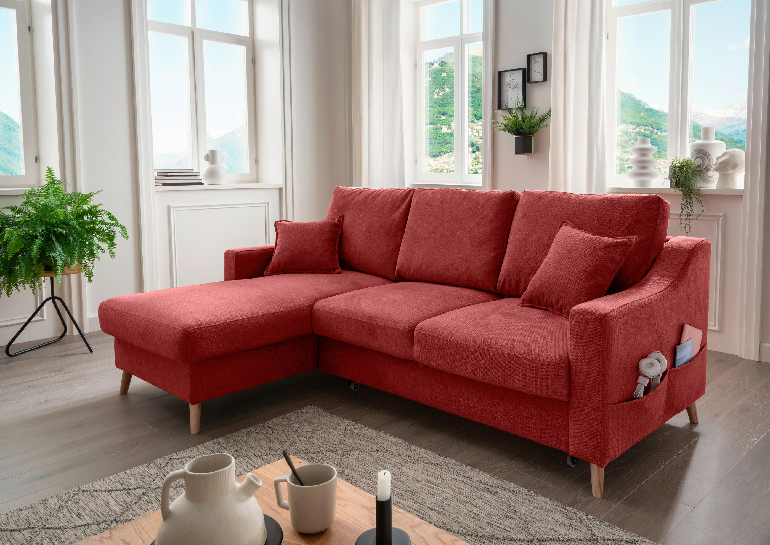 ECKSOFA Valentina Rot Chenille  - Rot/Naturfarben, MODERN, Holz/Textil (150/228cm) - Livetastic