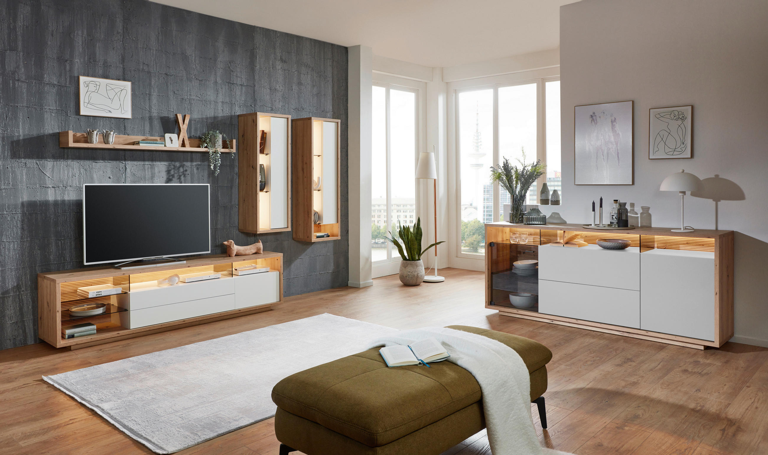 HIGHBOARD  in 120/113/42 cm  - Silberfarben/Eiche Artisan, Design, Glas/Holzwerkstoff (120/113/42cm) - Stylife