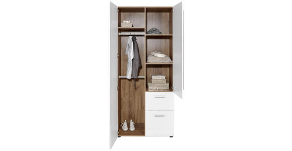 Drehtürenschrank mit Spiegel + Laden 90cm Avensis New, Weiß - Eichefarben/Weiß, KONVENTIONELL, Holzwerkstoff (90/205,7/60cm) - Luca Bessoni