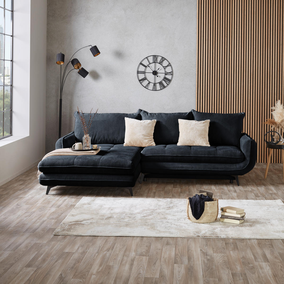 ECKSOFA WAVE Schwarz Struktur  - Beige/Schwarz, MODERN, Textil/Metall (189/266cm) - MID.YOU