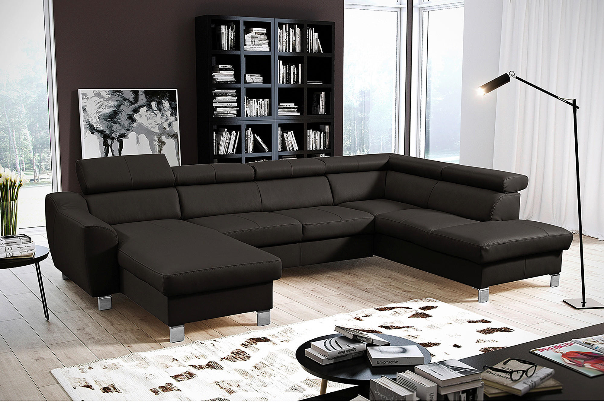 WOHNLANDSCHAFT in Lederlook Echtleder Dunkelbraun  - Chromfarben/Dunkelbraun, Design, Leder/Textil (175/315/208cm) - Livetastic