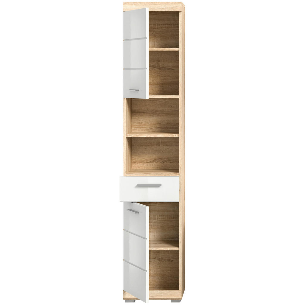 Thumbnail - Mid.you Hochschrank, Eiche, Weiß Hochglanz, Kunststoff, 3 Fächer, 1 Schubladen, 37x191x31 cm, FSC Mix, stehend, Badezimm...