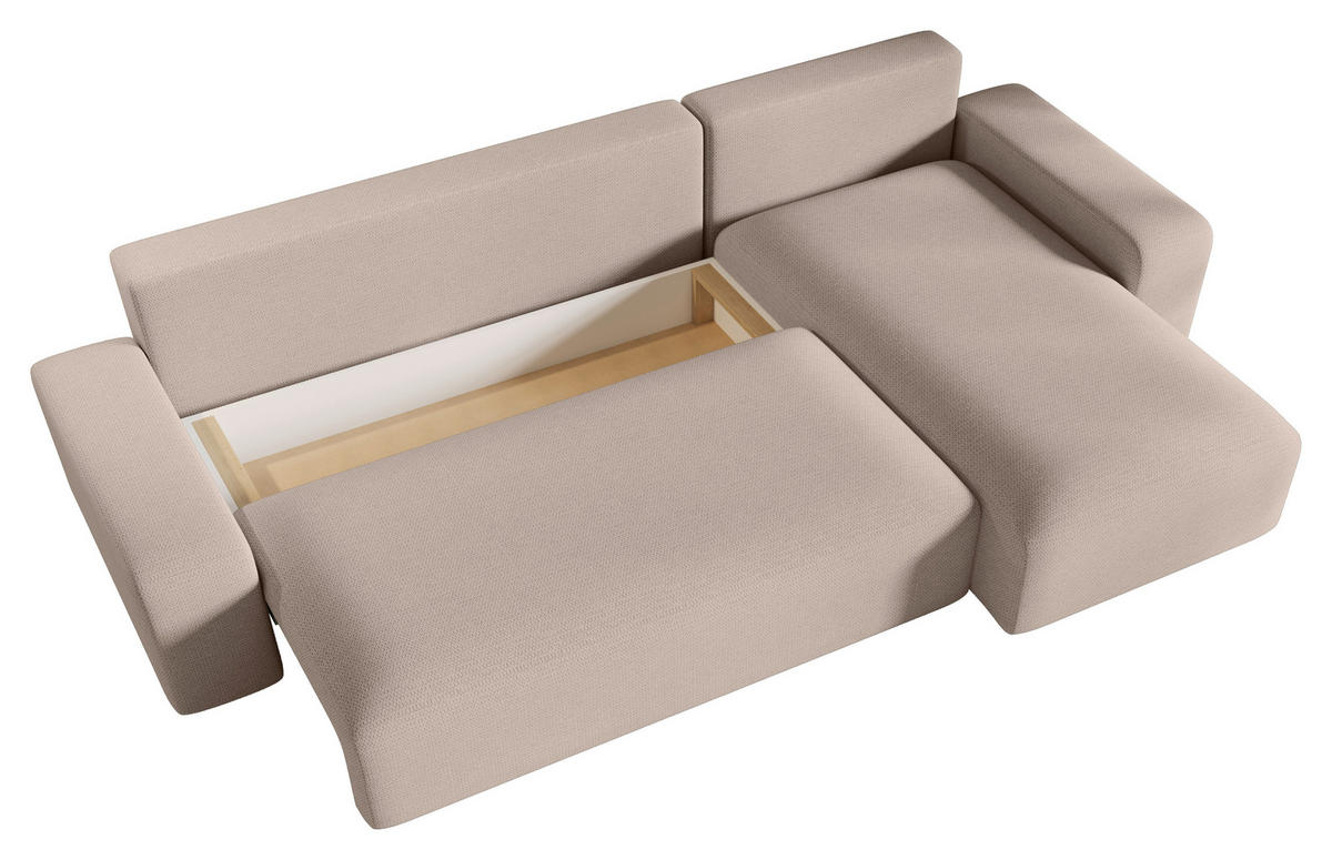 ECKSOFA Beige Bouclé Zierkissen, Rückenkissen, Bettkasten, Schlaffunktion, Rücken echt, Stauraum  - Beige/Schwarz, MODERN, Kunststoff/Textil (248/143cm) - Xora