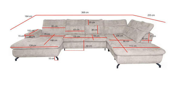 WOHNLANDSCHAFT  in Struktur Hellgrau  - Hellgrau/Schwarz, KONVENTIONELL, Textil/Metall (184/368/255cm) - Carryhome