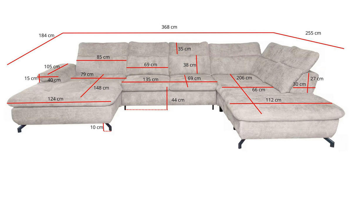 WOHNLANDSCHAFT Beige Struktur  - Beige/Schwarz, KONVENTIONELL, Textil/Metall (255/368/184cm) - Carryhome