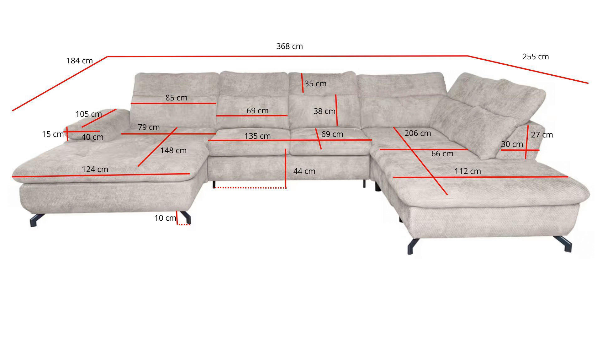 Thumbnail - Carryhome Wohnlandschaft, Creme, Textil, 6-Sitzer, Ottomane links, U-Form, 368x255 cm, Liegefunktion, seitenverkehrt erh...