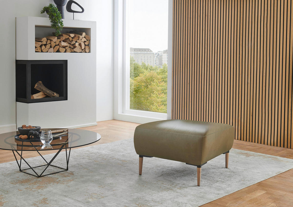 HOCKER in Leder Olivgrün  - Beige/Schwarz, Natur, Leder/Holz (65/46/55cm) - Valnatura