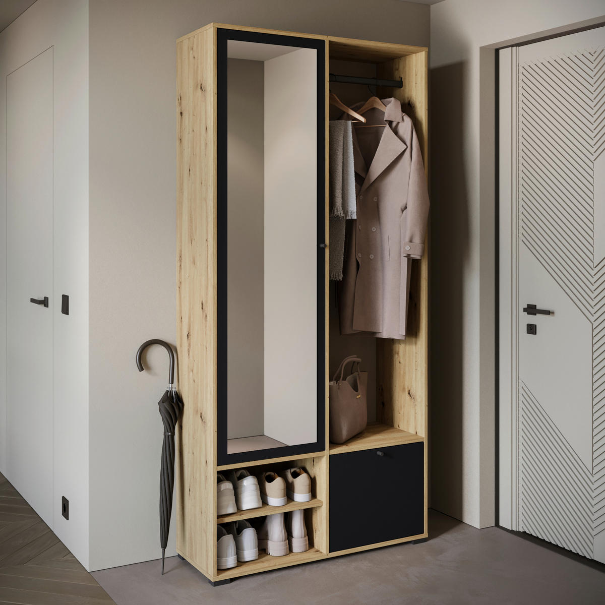 GARDEROBE  in  - Schwarz/Eiche Artisan, Trend, Holzwerkstoff (90/190/33cm)