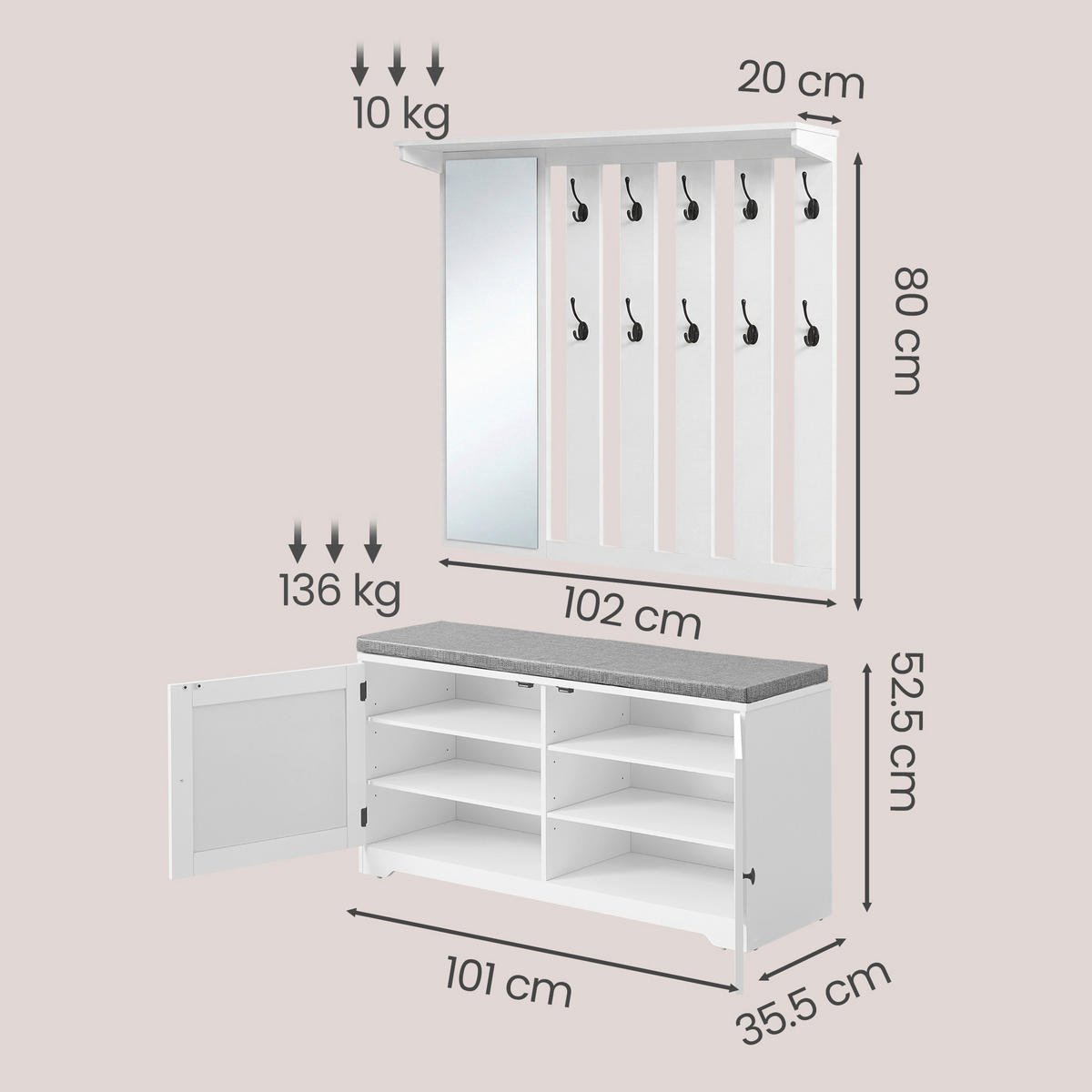GARDEROBE  in 102/132,5/35,5 cm  - Weiß, Trend, Glas/Holzwerkstoff (102/132,5/35,5cm) - Boxxx