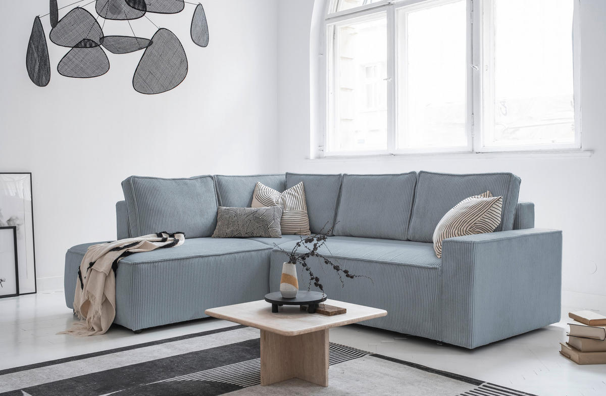 ECKSOFA in Cord Hellgrau  - Hellgrau/Schwarz, Design, Kunststoff/Textil (194/247cm) - MID.YOU