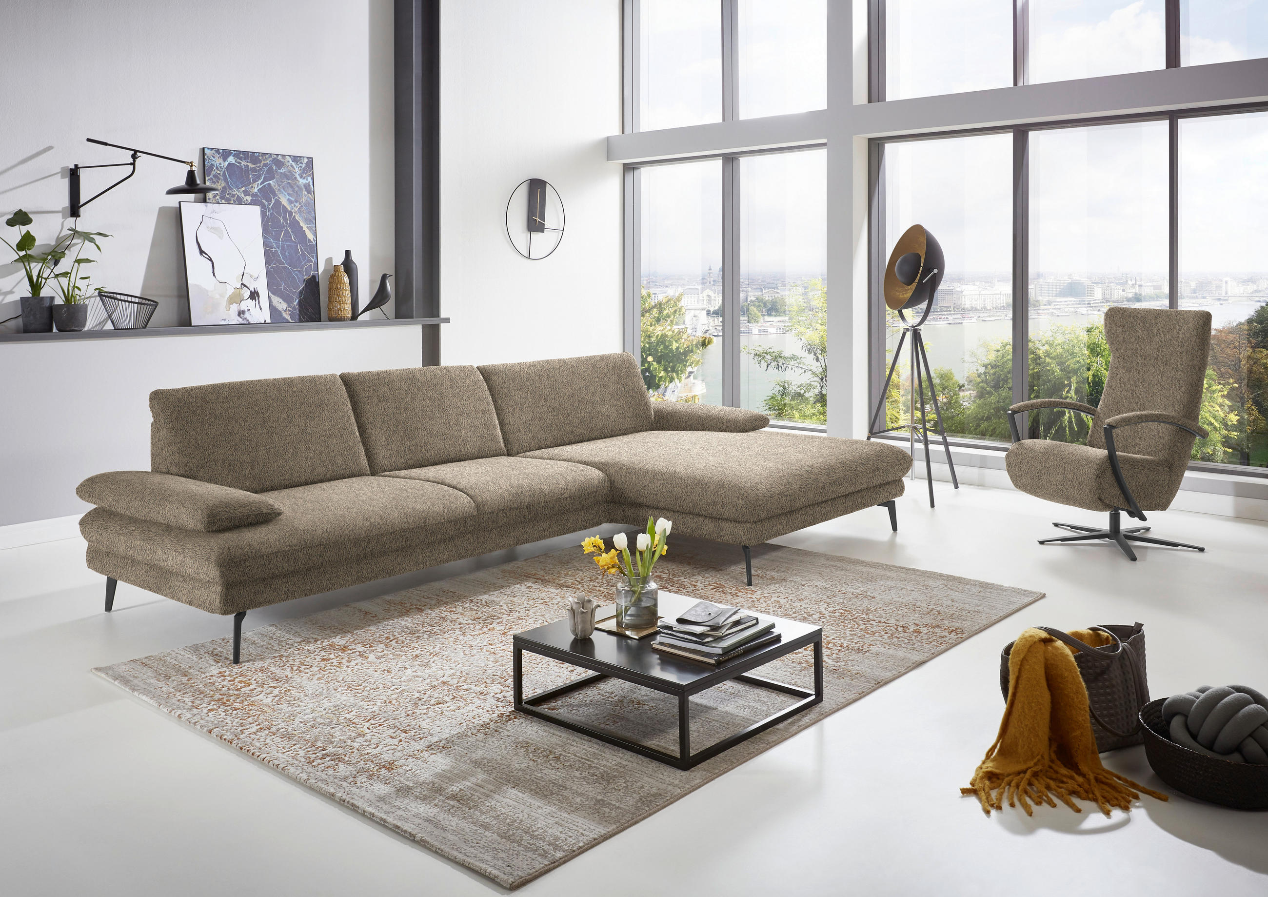 ECKSOFA in Chenille Braun, Grün 310/180 cm - Schwarz/Braun, Design, Textil/Metall (310/180cm) - Dieter Knoll