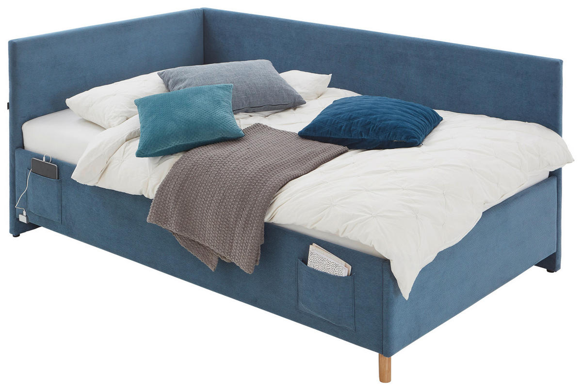 POLSTERLIEGE in Cord Blau  - Blau/Eichefarben, Konventionell, Holz/Textil (120/200cm) - Stylife
