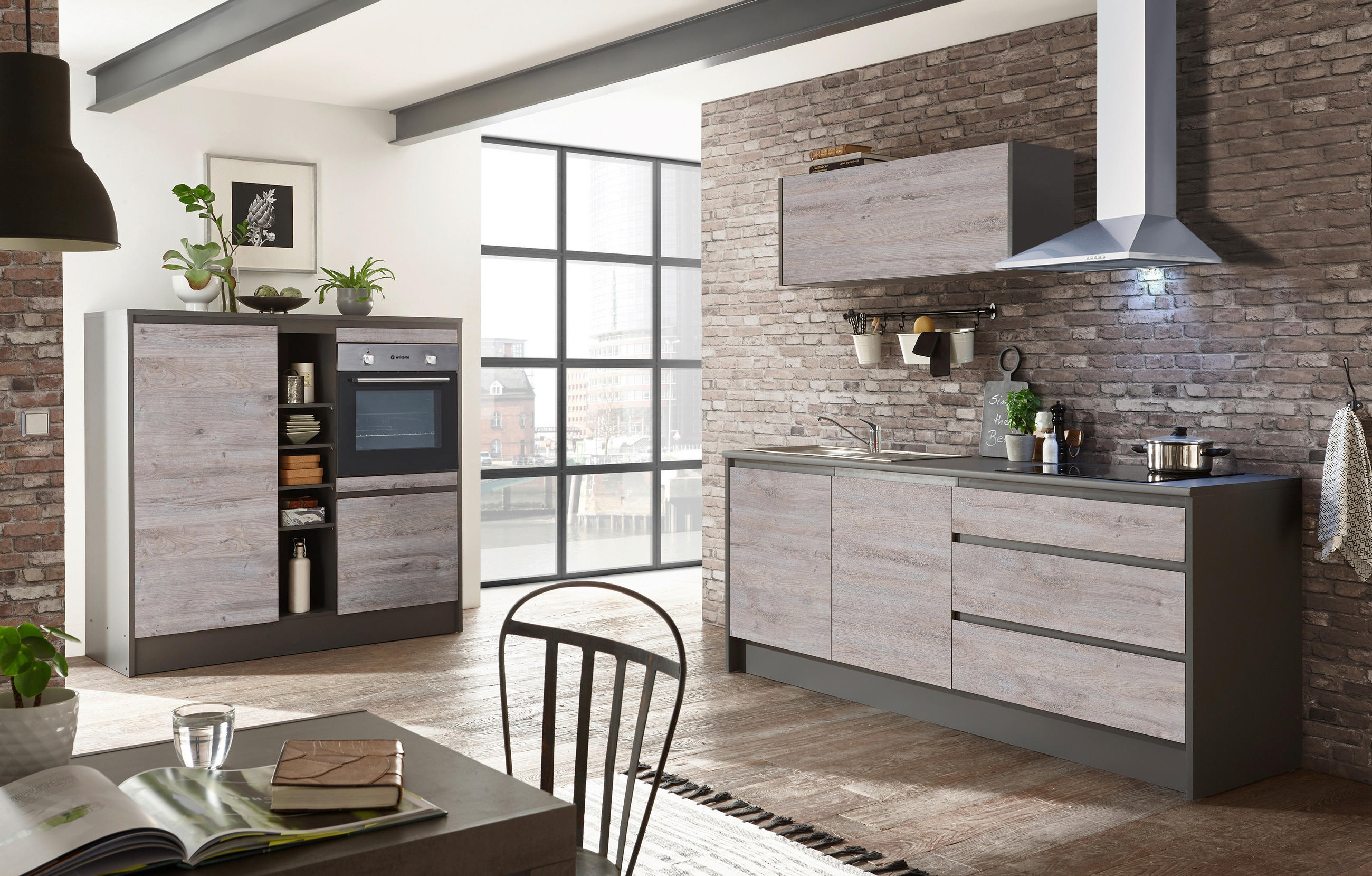 BLOK KUHINJA BEZ APARATA antracit, boje hrasta - boje hrasta/antracit, Moderno, drvni materijal (210+150cm) - MID.YOU