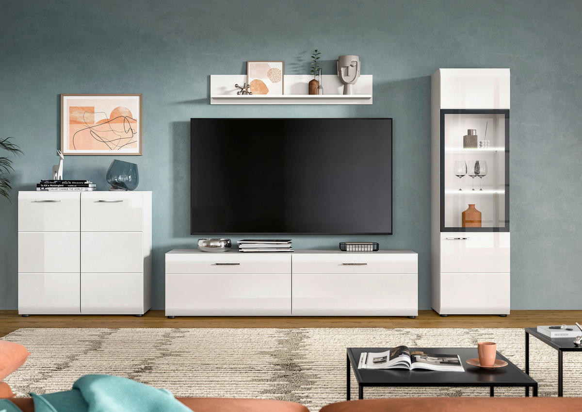 REGAL ZA DNEVNI BORAVAK bijela, bijela visoki sjaj   - bijela/srebrne boje, Design, staklo/drvni materijal (305/160/41cm) - Livetastic