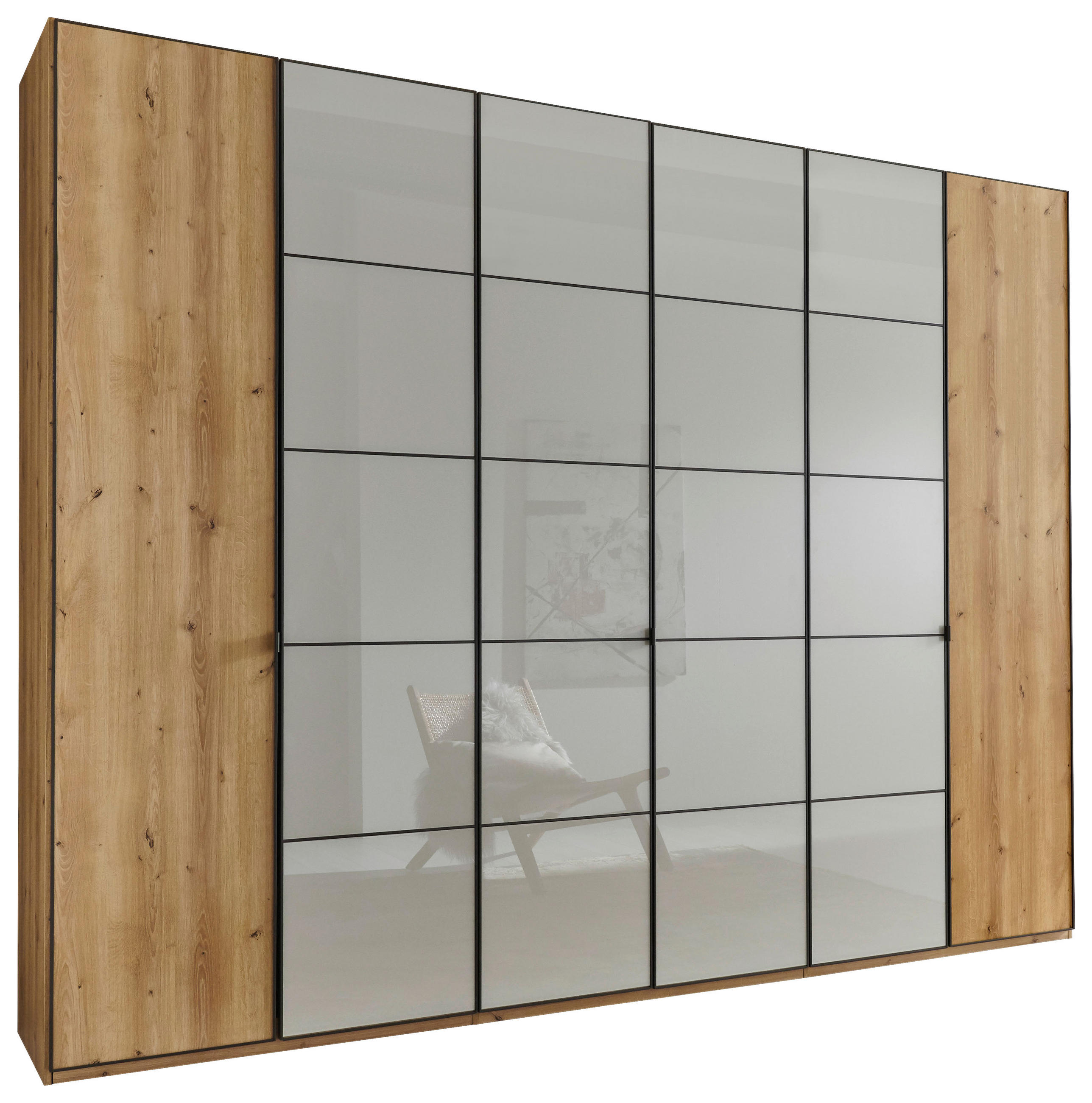 DREHTÜRENSCHRANK 300/216/58 cm 6-türig Champagner, Eiche Bianco  - Schieferfarben/Eiche Bianco, Design, Glas/Holzwerkstoff (300/216/58cm) - Novel