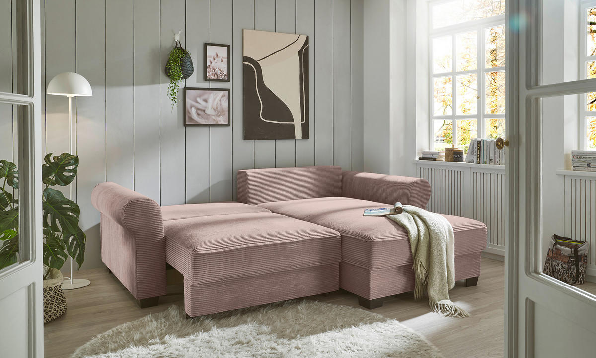ECKSOFA in Cord Rosa  - Schwarz/Rosa, Konventionell, Kunststoff/Textil (255/185cm) - MID.YOU