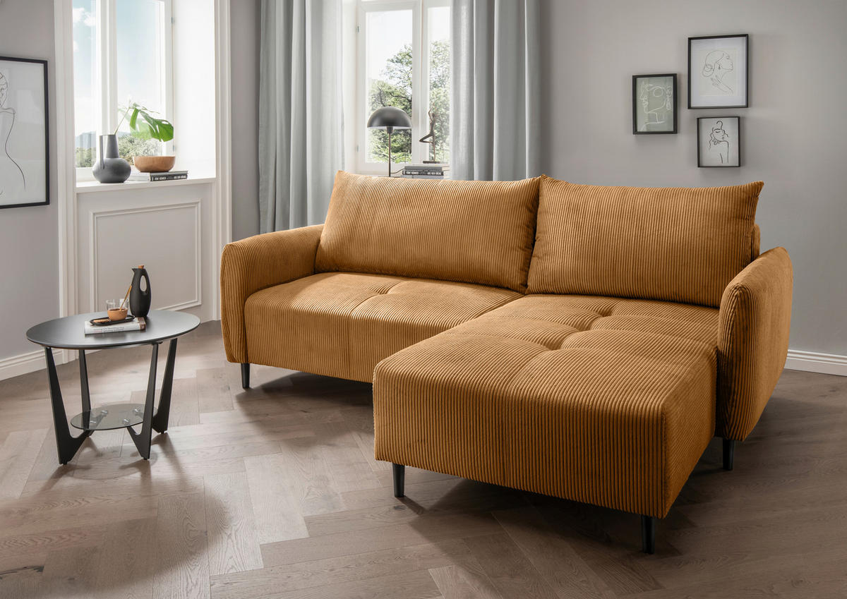 ECKSOFA in Cord Goldfarben  - Goldfarben/Schwarz, Basics, Holz/Textil (238/174cm) - Livetastic