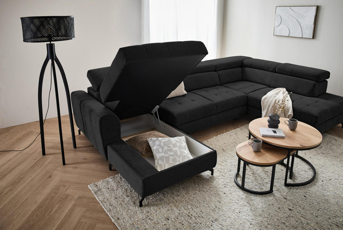 WOHNLANDSCHAFT Schwarz Struktur  - Schwarz, Design, Textil/Metall (177/327/203cm) - Stylife
